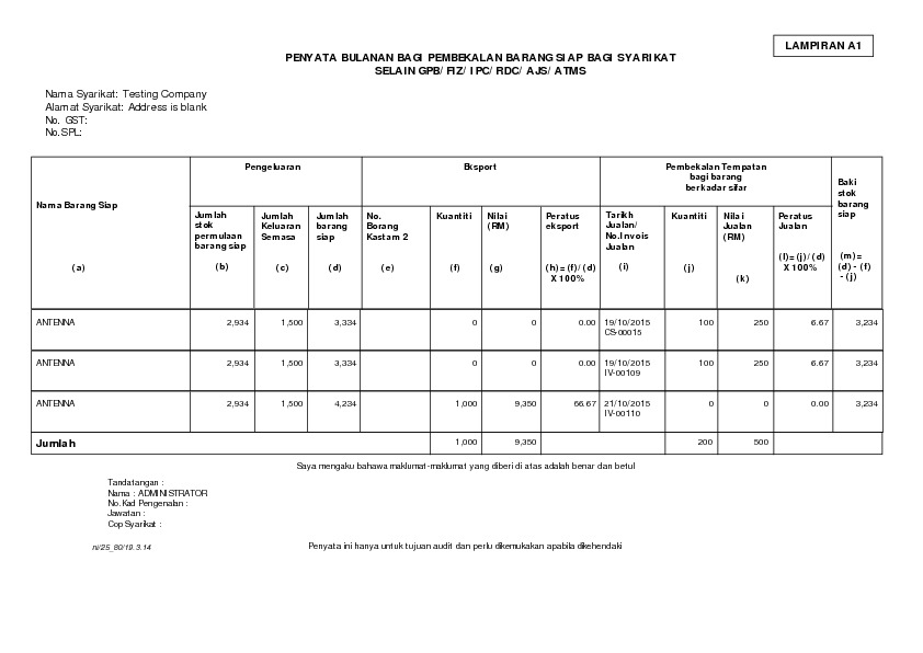 GST Lampiran A1 Penyata Bulanan bagi Pembekalan Barang Siap berkenaan ZRE dan ZRL GST Lampiran A1 Penyata Bulanan bagi Pembekalan Barang Siap berkenaan ZRE dan ZRL